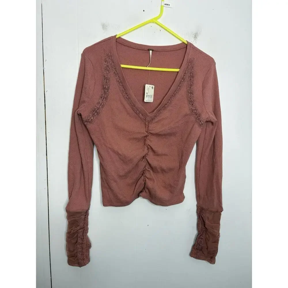 Free People Shirt Womens Medium Thermal Mesh Long Sleeve Ruched Ballet Rose